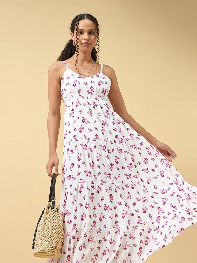 Outzidr  Pink A-Line Tiered Dress With Tie Up Detail At The Back for Women | Best Price UAE